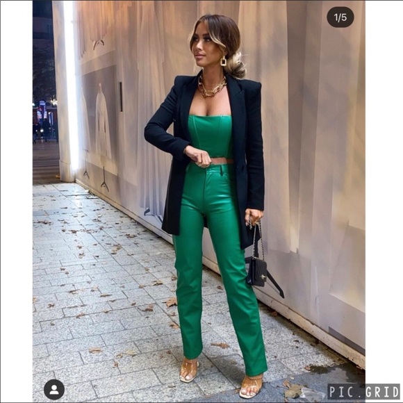 ZARA COLOURED FAUX LEATHER TROUSERS GREEN SIZE-XL - Picture 8 of 16